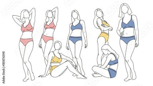 Illustrations of women in various swimwear poses on a white background