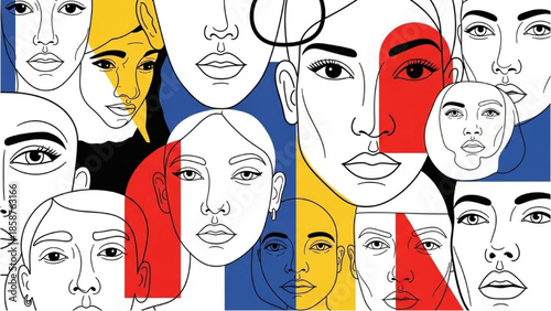 Diverse faces illustration showcasing various human emotions and expressions in a vibrant and abstract style
