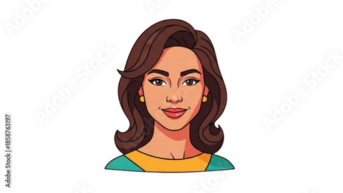 A smiling woman with wavy brown hair and colorful clothing is depicted in a vibrant illustration.