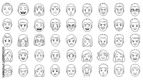 A collection of diverse facial expressions illustrated in a grid pattern on a white background