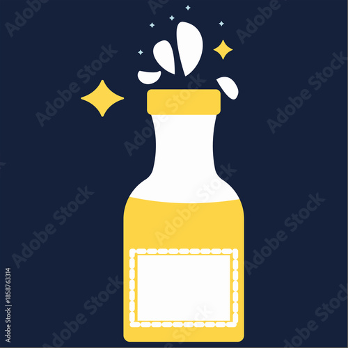 Yellow and white drink bottle with white label and some sparks above