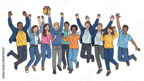 A diverse group of people jumping in the air together, celebrating a joyful moment, vector illustration on a white background.