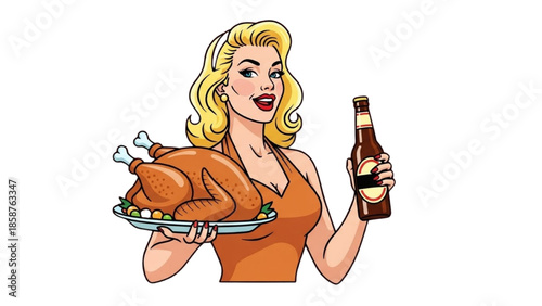 A blonde woman holding a roasted turkey and a beer bottle in a festive scene