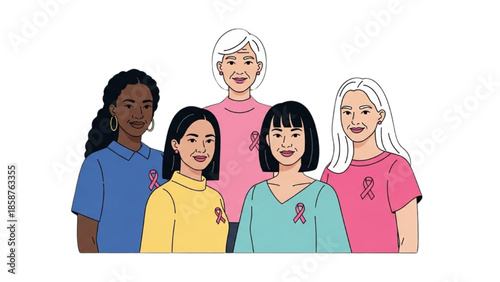 Diverse group of women wearing ribbons standing together in solidarity