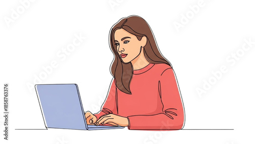 A woman works on a laptop at a desk viewed from the side in a simple illustration