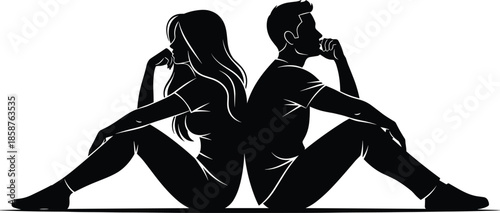 Thoughtful man and woman sitting back to back silhouette, expressing relationship conflict, emotional distance, communication problems, couple psychology concept illustration