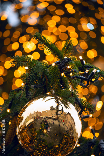 Reflection of a Christmas square in Prague captured inside a glass ornament on a Christmas tree. Festive lights and warm bokeh create a magical holiday atmosphere in the city center.