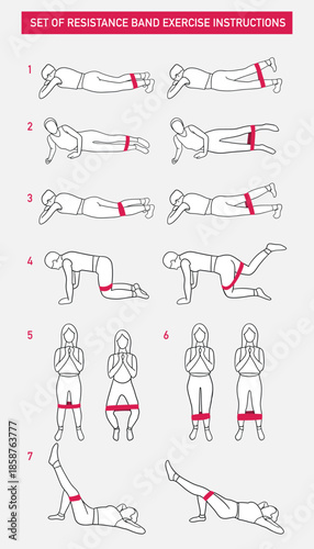 Resistance Band Exercise Instruction Diagrams. Vector Set for Fitness Packaging