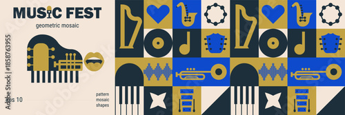 Geometric music fest mosaic with jazz pattern and modern concert template.