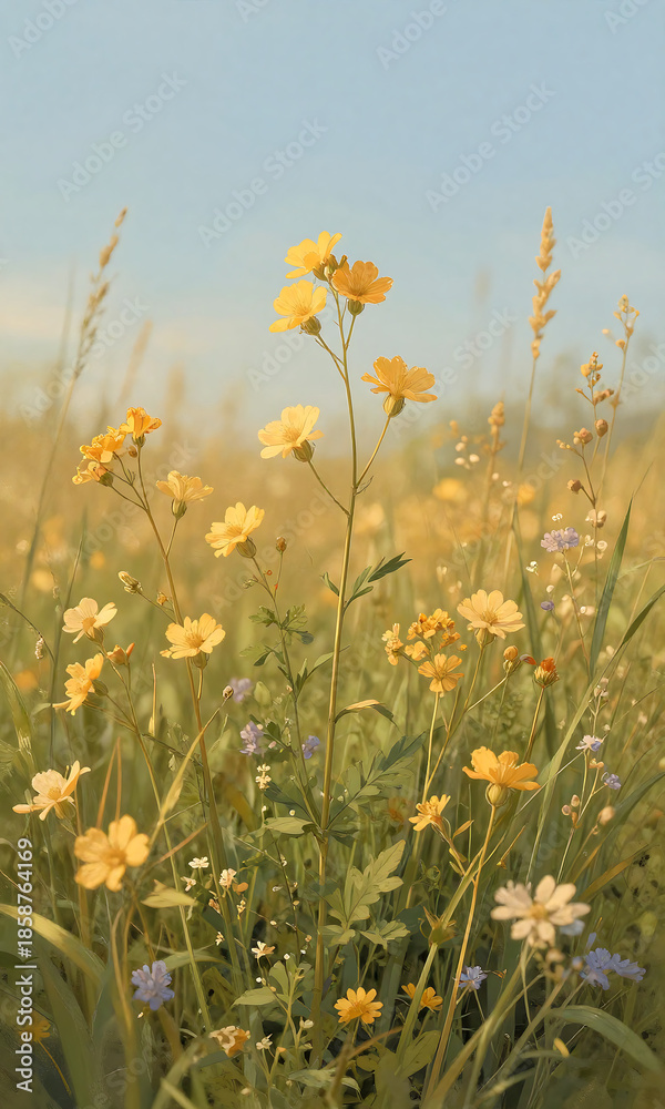 Fototapeta premium detailed floral meadow illustration showcases delicate stems blossoms warm golden tones soft gradient blue background