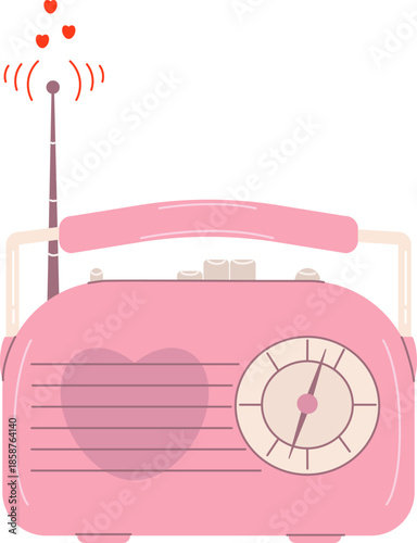 Vintage pink radio receiver with heart symbol and antenna for romantic music