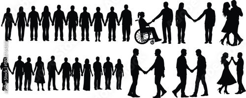 People holding hands silhouette collection showing diversity, inclusion, relationships, disability awareness, equality, unity, love, and social connection concept