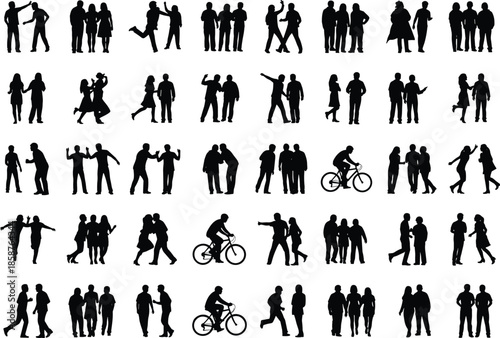 People silhouette collection showing social interactions, couples, groups, walking, talking, cycling poses for lifestyle, urban crowd, and communication concepts