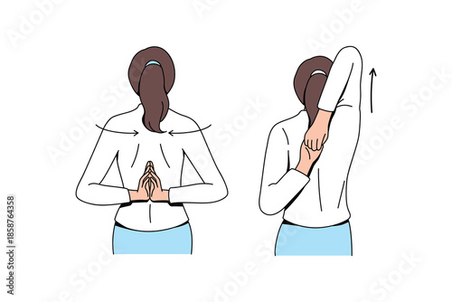 Back view of woman performing shoulder and arm stretches. office stretch exercises. Flat vector illustration. 
