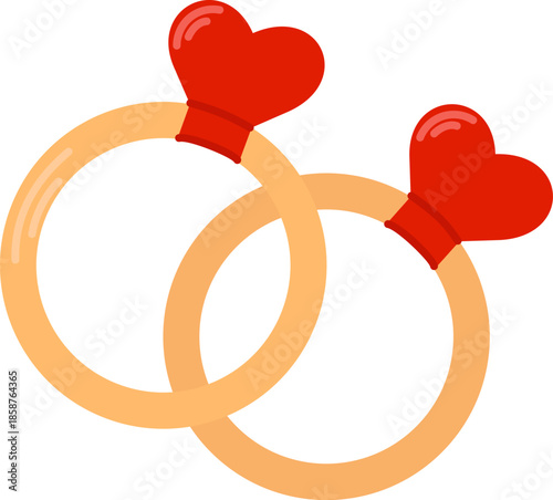 Two gold wedding rings with red hearts, engagement and marriage concept