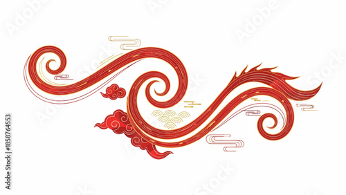 A vibrant red dragon illustration swirling in a dynamic motion against a white background from a frontal viewpoint