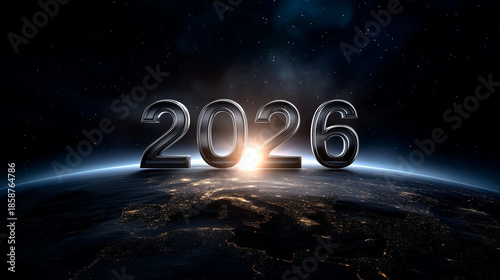 A dramatic futuristic New Year scene showing the large metallic numbers 