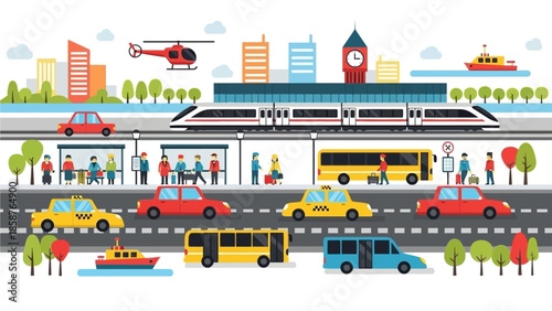 A vibrant cityscape illustration showcasing diverse modes of transportation including cars, buses, trains, taxis, and a helicopter.