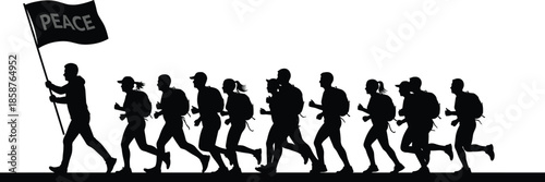 Peace march silhouette with runners carrying flag, symbolizing unity, freedom, protest, teamwork, hope and social movement concept