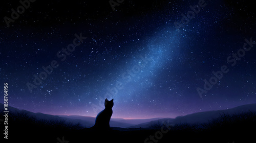 Cosmic Contemplation: Silhouette of a cat gazes up at a vibrant Milky Way, evoking a sense of wonder and connection to the vast cosmos.