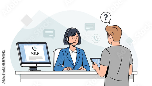 A customer service representative assists a client at a desk with a computer and a query