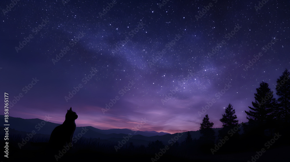 Fototapeta premium Cosmic Contemplation: Silhouette of a cat gazes up at a breathtaking panorama of stars across the expansive night sky.