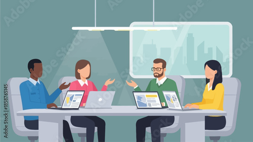 Four professionals engaged in a collaborative discussion around a modern conference table with laptops