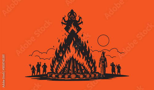 Holika Dahan Bonfire Ritual Silhouette Vector Illustration for Holi Festival