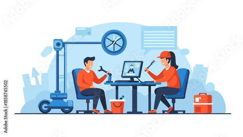 Two workers collaborating at a desk with industrial equipment nearby in a modern office environment