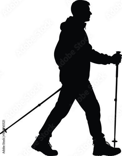 Silhouette of man hiking with trekking poles, isolated on white background, representing outdoor adventure, walking exercise, travel, fitness, and active lifestyle concept