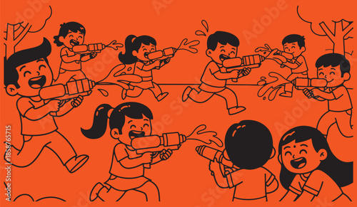 Kids Playing Holi with Water Guns Cute Line Art Vector Illustration on Orange Background