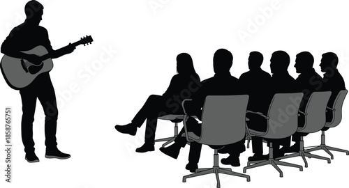 Musician playing acoustic guitar performing live before seated audience silhouettes, illustrating music concert, performance, entertainment, creativity, and public presentation concept