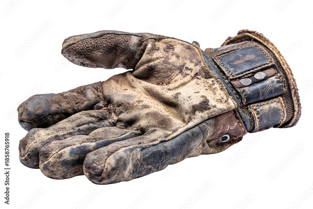 Obraz premium Worn Leather Work Glove with Dirt and Grime on Isolated Background