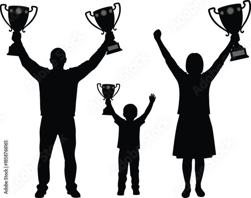 Family victory silhouettes holding trophies together, parents and child celebrating success, achievement, teamwork, motivation, and winning concept isolated on white background