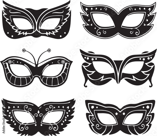 Set of elegant black and gold Venetian masquerade mask vector illustrations for a festive Mardi Gras party costume or theater festival disguise