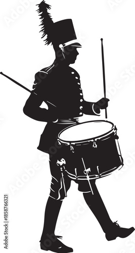Vector illustration of a pirate with a sword playing a jazz rhythm on a snare drum kit in a rock band musical performance isolated on white