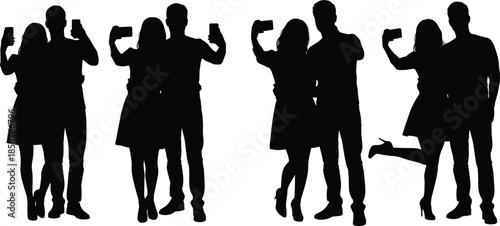 Couple taking selfies silhouettes with smartphones, modern romance and social media lifestyle concept, love, dating, technology illustration