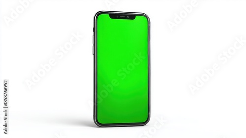 Modern smartphone with green screen on white background for app ui or ux design. Smart mobile telephone display with chroma key area.