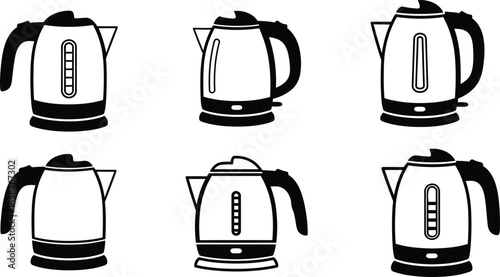Set of modern electric kettle icons with different designs for boiling water kitchen appliances isolated on a white background for graphic web design projects.