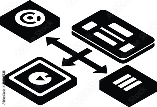 Isometric flat vector illustration of data synchronization and interconnected digital platforms representing seamless information exchange across different devices.
