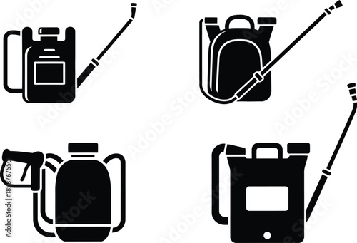 Set of professional agriculture backpack sprayer silhouette icons for garden pest control lawn maintenance and farming chemical irrigation isolated on white background.