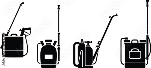 Set of professional agriculture backpack sprayer silhouette icons for garden pest control lawn maintenance and farming chemical irrigation isolated on white background.