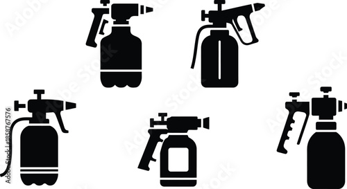 Set of professional hand held pressure sprayer silhouette icons for household garden pest control disinfection and automotive cleaning isolated on white background.