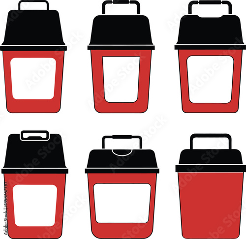 Set of red and black waste bin icons with lids isolated on white background symbol for domestic garbage storage container for sanitation and hygiene management.
