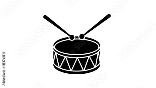Simple black and white illustration of a drum with drumsticks.