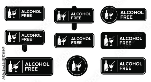 Alcohol free signs collection black rectangles with white bottle and glass icons on transparent background
