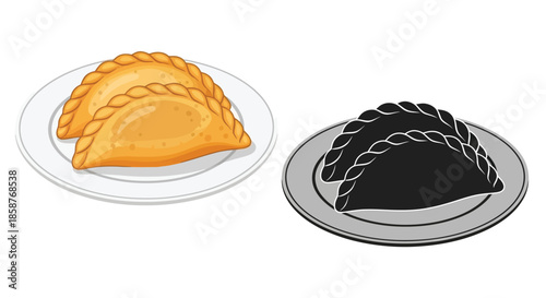 Two curry puffs presented on plates one in color and one in grayscale