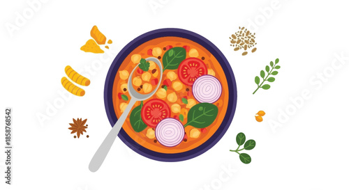 A vibrant bowl of tomato and chickpea soup with fresh herbs and spices