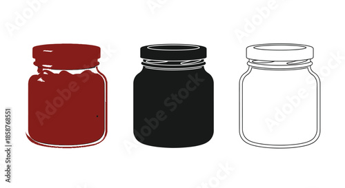 Three illustrated glass jars with varying colors and lid styles