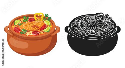 Colorful fish stew in a pot and its monochrome outline version